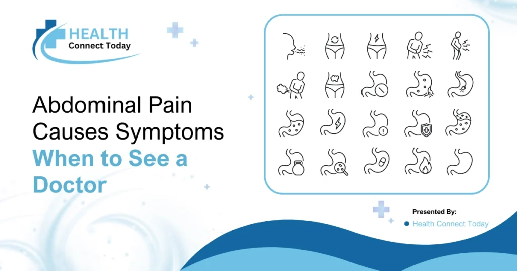 Illustration of abdominal pain showing common causes, symptoms, and relief methods